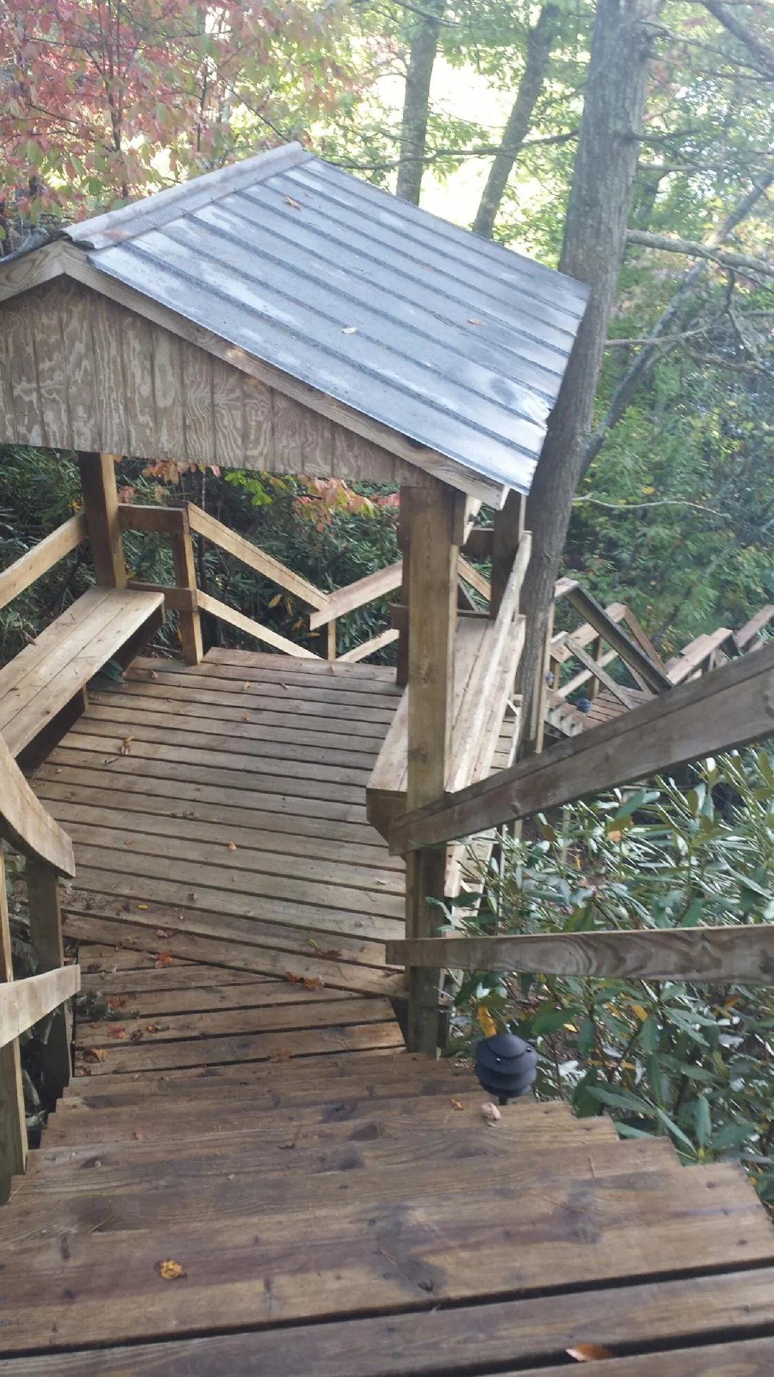 Metal roofed shelter over wooden steps on a wooded walkway — Skylight Repair & Installation work by our crew in Glen Oaks